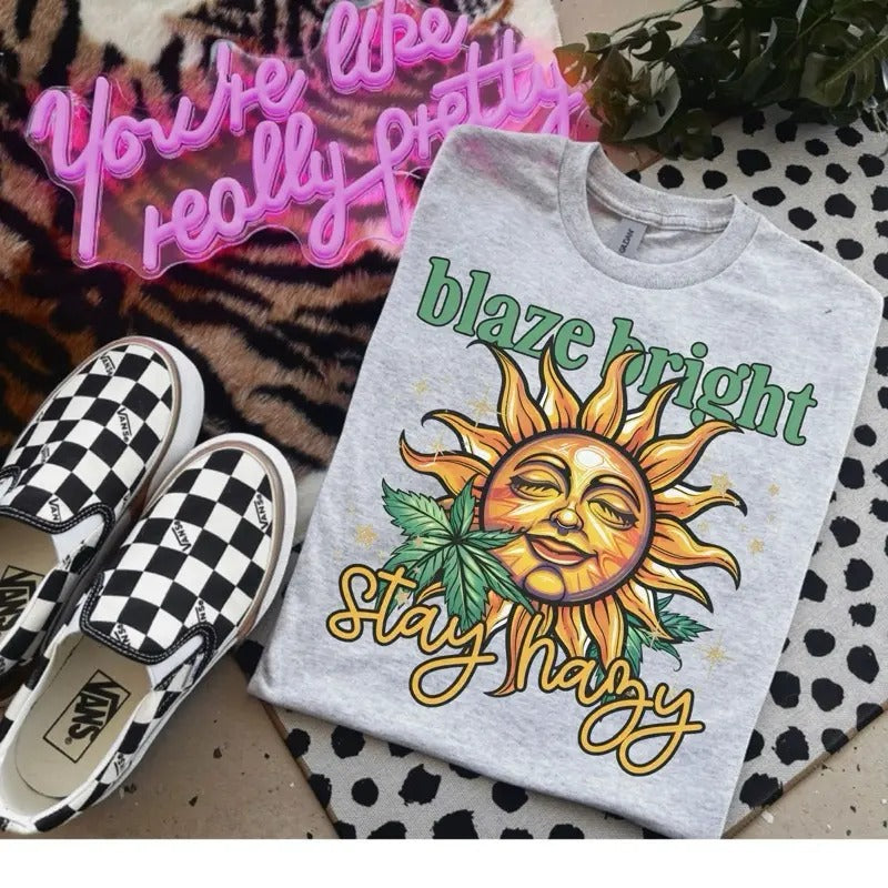 Blaze Bright Stay Happy  - Bleached Shirt - Gildan Hoodie, Sweatshirt | GrindPrints.com