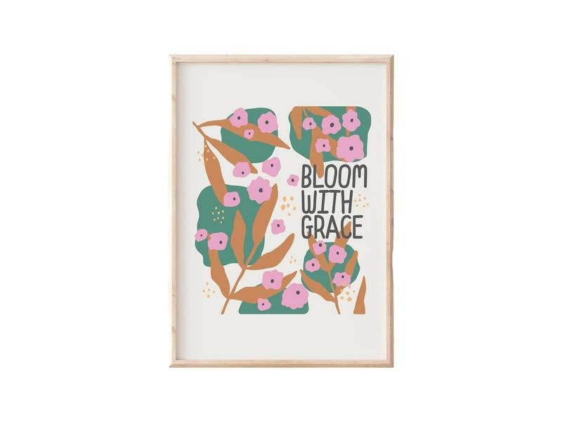 Bloom With Grace Print, Self Love Print, Retro Boho Art, Boho Floral Art Poster, Gifts For Teen Girl Friends Wall Art,...