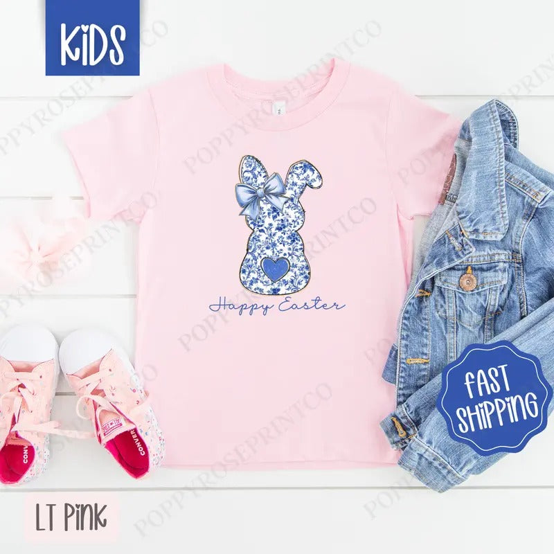 Blue Chinoiserie Bunny Kids Shirt - Easter Children's Tshirt - Cute Youth Tee Gildan Hoodie, Sweatshirt | GrindPrints.com