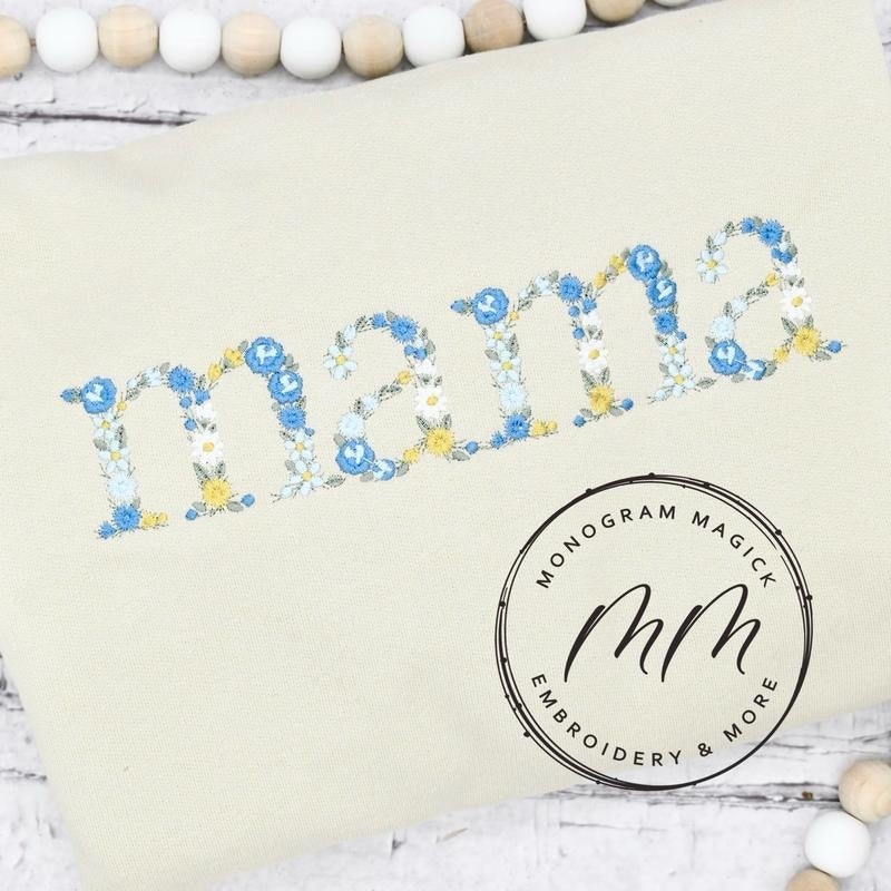 Blue Floral Mama Sweatshirt Embroidered T-Shirts, Hoodie | GrindPrints.com