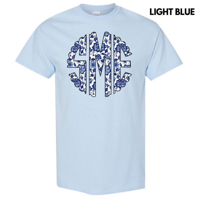 Blue Floral Monogram Gildan Short Sleeve T-Shirt 'NLB' Hoodie, Sweatshirt | GrindPrints.com
