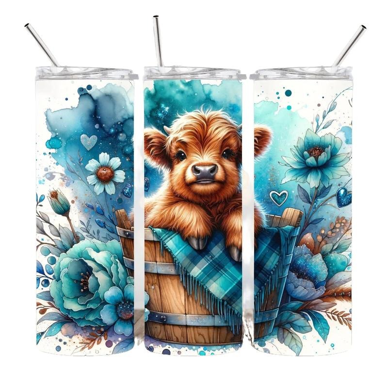 Blue Highland Cow With flowers 20oz Stainless steel tumbler T-Shirts, Hoodie, Sweatshirt | GrindPrints.com