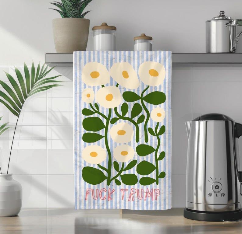 Blue Pin Stripes White Floral Tea Towel Fuck Trump Bold Boho Kitchen Decor Anti Trump Gift Anti Maga Mom Unique Home...