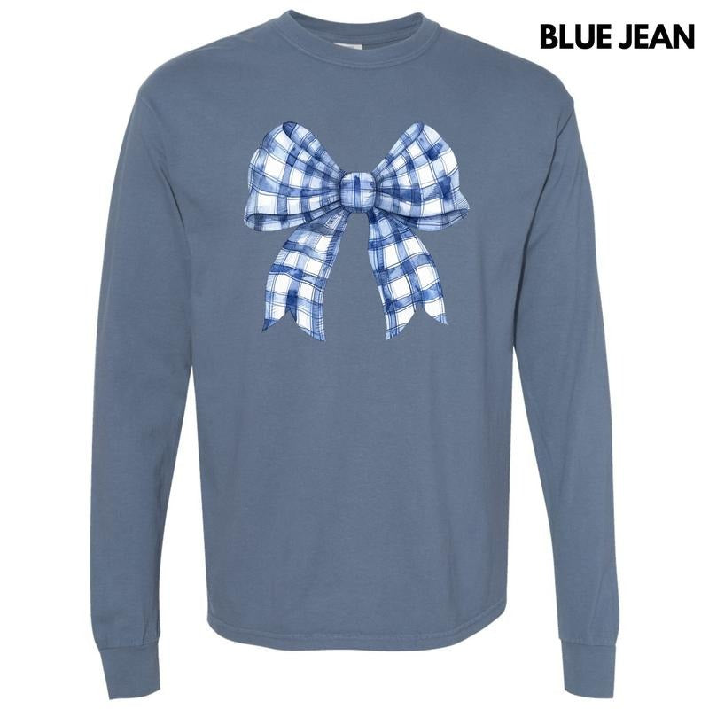 Blue Plaid Big Bow Long Sleeve Comfort Colors T-Shirt 'NLB' Hoodie, Sweatshirt | GrindPrints.com
