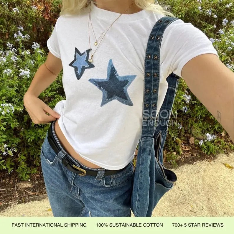 Blue Stars Womens Long Sleeve Graphic Baby Tee