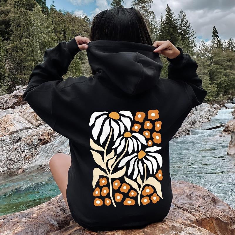 Boho Daisies, Boho Retro Floral Design Hoodie T-Shirts, Sweatshirt | GrindPrints.com