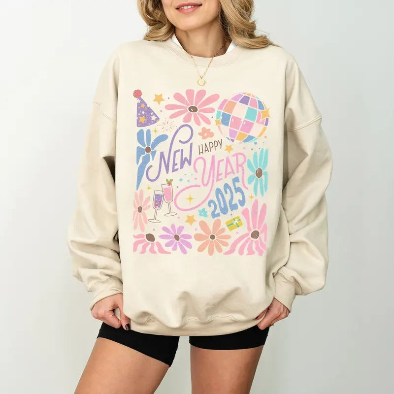 Boho New Year 2025 Shirt, Retro New Years T-shirt, Disco Ball New Year's Sweatshirt, Trending Pink Bow Social Club Gift...