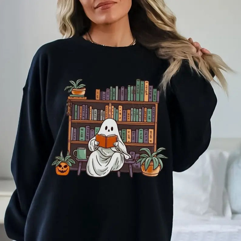 Bookish Ghost Sweater, Spooky Library Shirt for Book Lover Reading Sweatshirt, Cottagecore Pumpkin Crewneck Librarian...