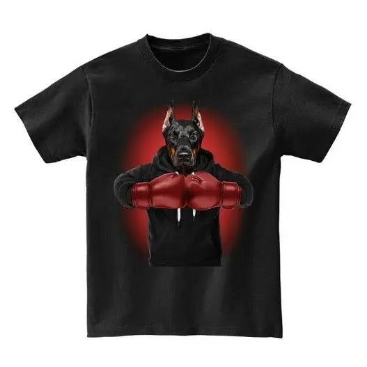 Boxing Doberman Dog, Martial Arts Fighter Warrior - Short Sleeve Unisex, Men, Women, Youth T-Shirt Made in USA Hoodie,...