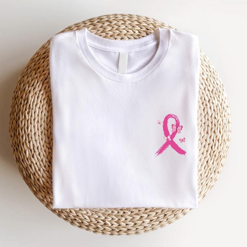 Breast Cancer Butterfly Ribbon Shirt, Pink Ribbon Pocket Size T-shirt, Warrior Gift Tee For Mom, Breast Cancer Survivor...