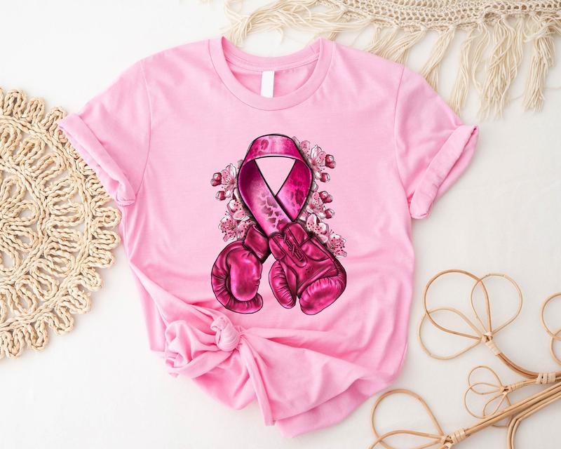 Breast Cancer With Boxing Gloves Shirt, Cancer Warrior Gift Tee, Breast Cancer Survivor Shirt, Matching Pink Ribbon Team...