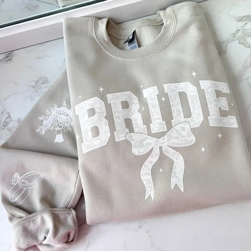 Bride Lace Bow Sweatshirt or Hoodie with sleeve prints Comfy Unisex Tops T-Shirts | GrindPrints.com