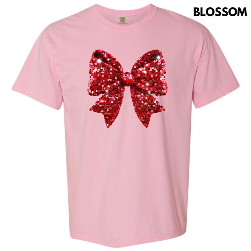 Bright Red Faux Sequin Bow Comfort Colors T-Shirt 'NLB' Hoodie, Sweatshirt | GrindPrints.com