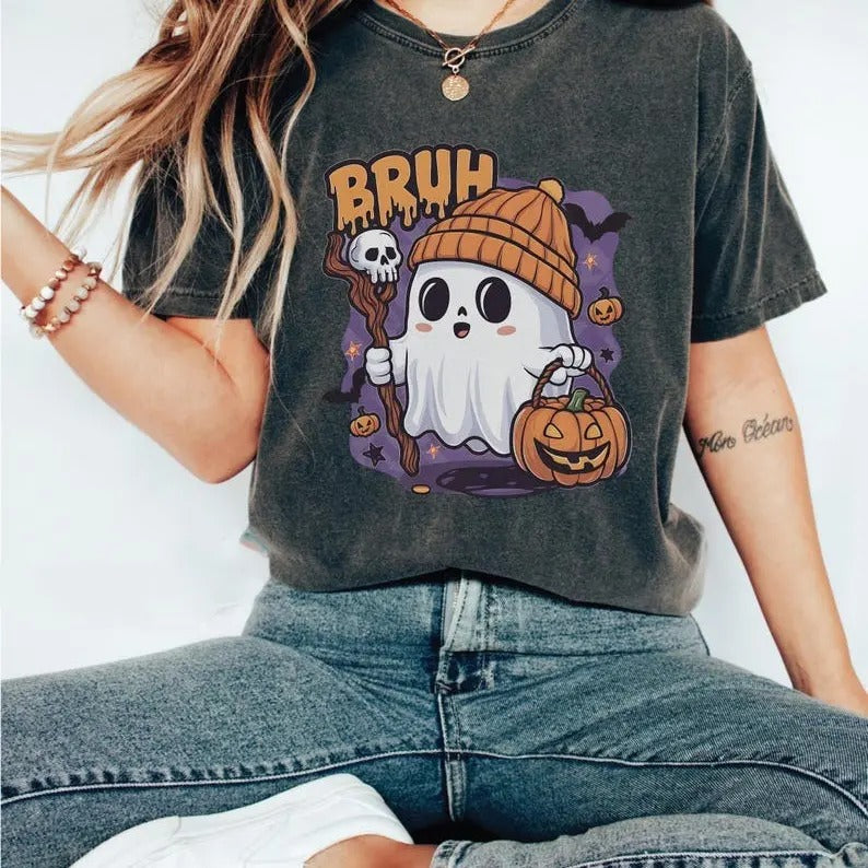 Bruh Ghost Halloween Shirt, Cute Spooky Season T-Shirt, Funny Ghost Graphic Shirt, Retro Halloween T-Shirt, Ghost Costume...