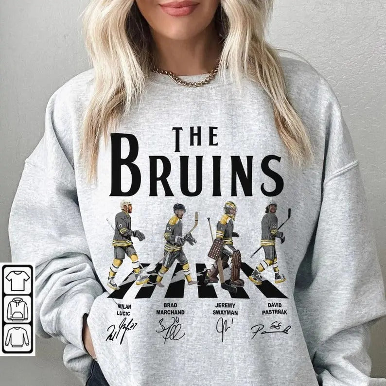 Bruins Walking Abbey Road Signatures Ice Hockey Sweatshirt, Milan Lucic, Brad Marchand, Jeremy Swayman, David Pastrnak...