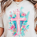 Brushstroke Easter Cross with Florals Shirt, Easter Cross Christian Girl Tee, Spring Floral Preppy Easter Gift Hoodie,...