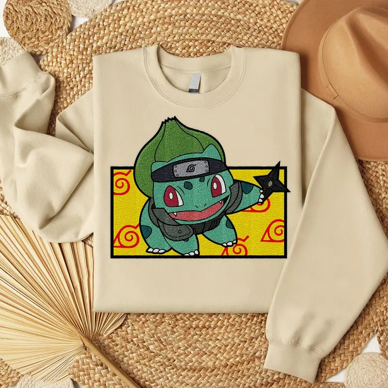 Bulbasaur Shinobi Embroidered Sweatshirt, Konoha Embroidered Shirt, Anime Embroidered Shirt Hoodie | GrindPrints.com