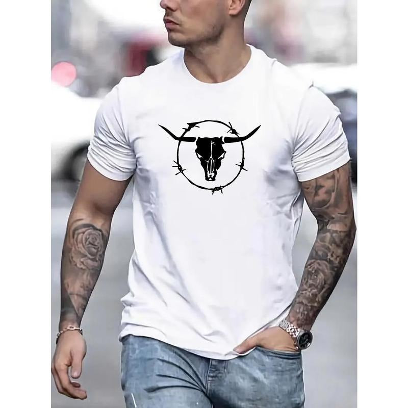 Bull Skull Print T Shirt, Tees For Men, Casual Short Sleeve T-shirt For Summer Made in USA Hoodie, Sweatshirt