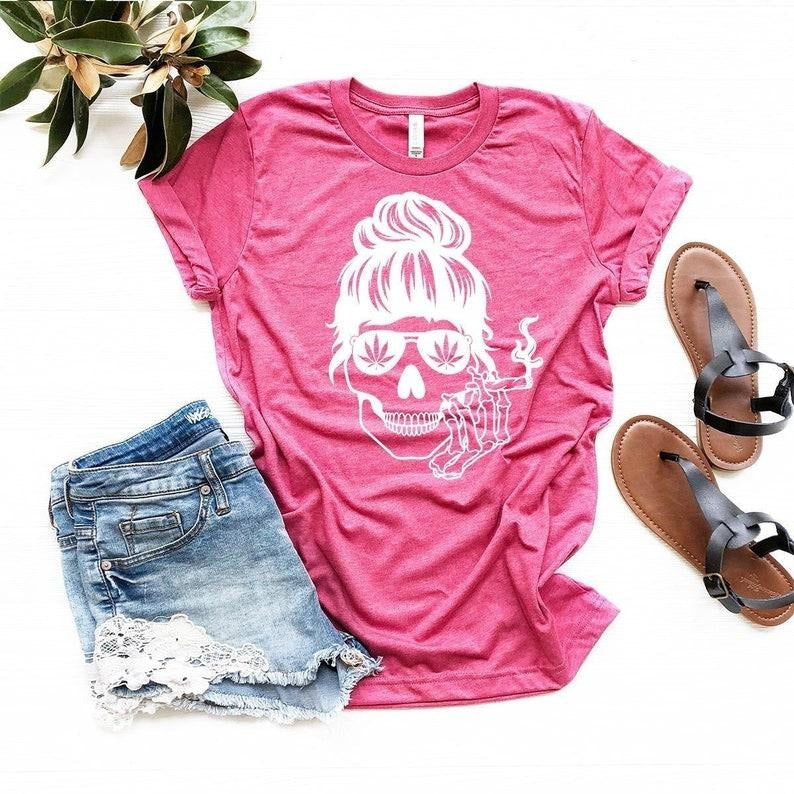 Bun Hair Skull Smoking Shirt, Weed Shirt for women, Smoking Skull, Funny Weed T Shirt, Funny Pothead Shirt,Cannabis...