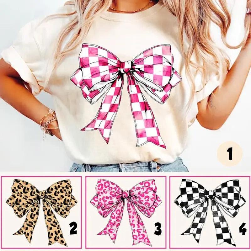 Bundle Checkered Coquette Bow Shirts, Leopard Coquette Bow, Pink Bow, Retro Mama, Soft girl aesthetic, Lady Top, Full...