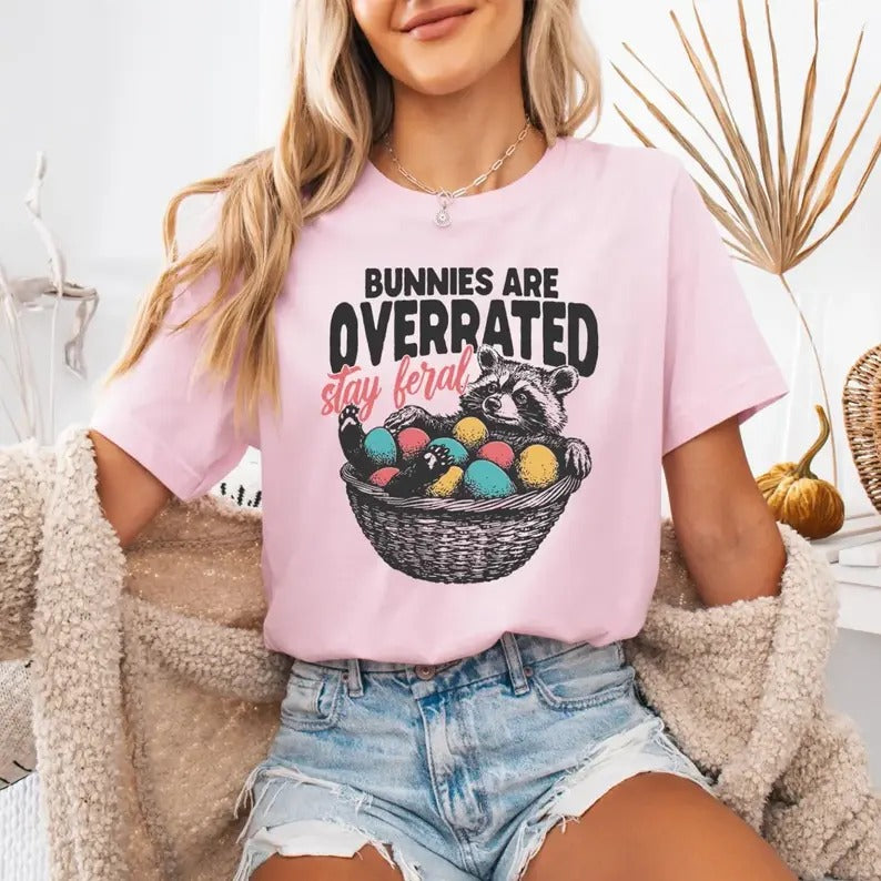 Bunnies Are Overrated Stay Feral Shirt, Funny Easter Raccoon T-Shirt Graphic, Feral Easter, Women shirt, Trendy, for her,...