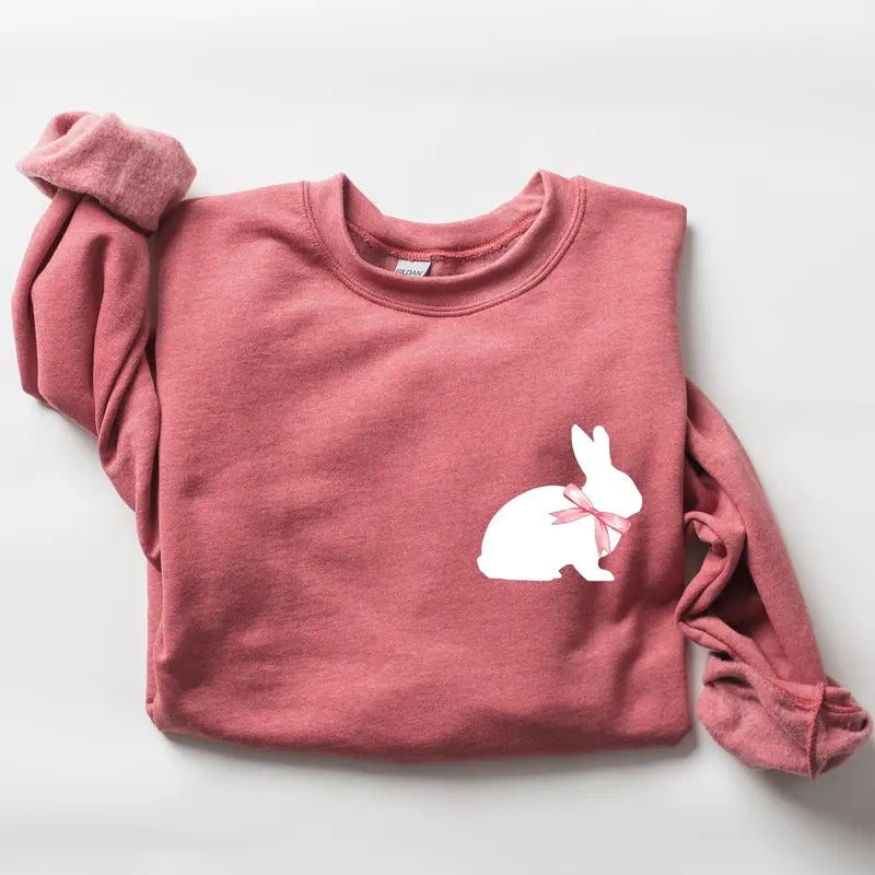 Bunny Wearing A Bow, Pocket Print, Easter Rabbit Sweatshirt, Women's Crew Neck, Crewneck T-Shirts, Hoodie | GrindPrints.com