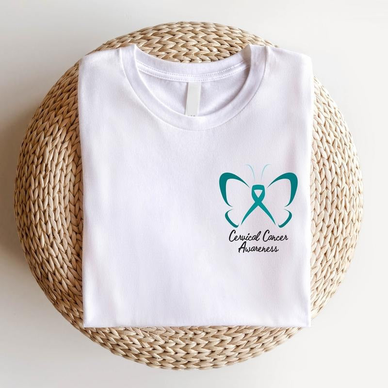 Butterfly Cervical Cancer Shirt Teal Ribbon Pocket Size Matching Support Survivor Shirt Cancer Shirt T-Shirts, Hoodie, Sweatshirt