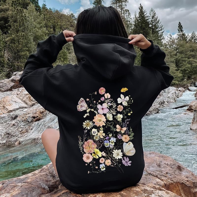 Butterfly Mountain Meadow Pressed Flower Hoodie T-Shirts, Sweatshirt | GrindPrints.com