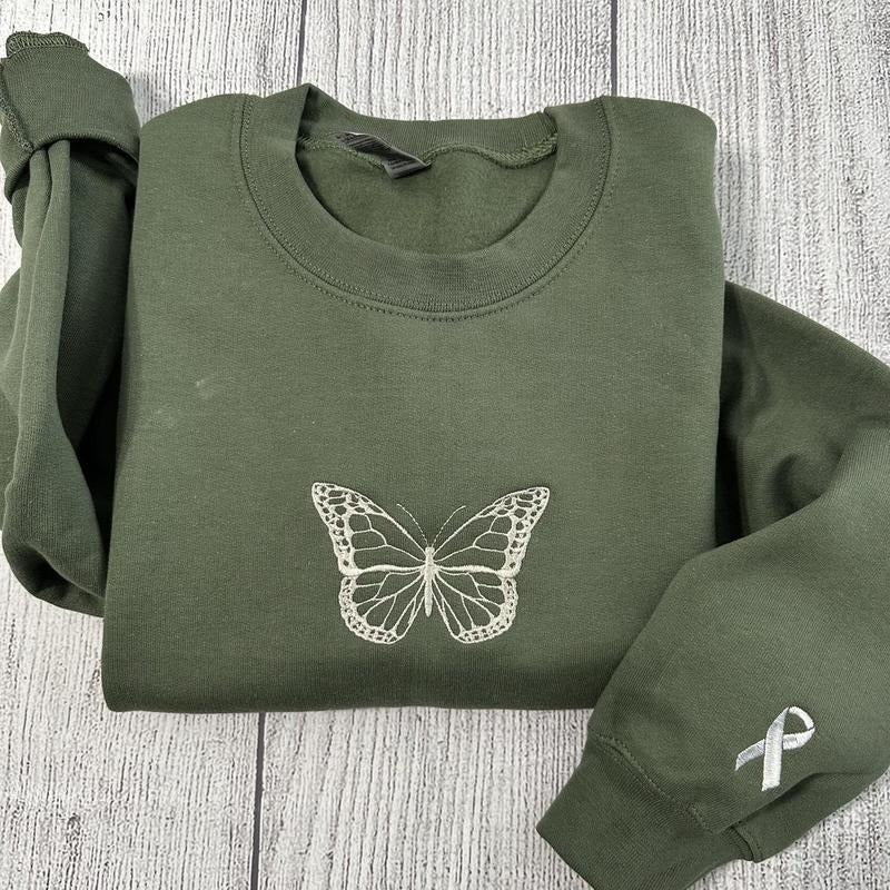 Butterfly embroidered sweatshirt; Ribbon on sleeve embroidered crewneck; gift for her T-Shirts, Hoodie | GrindPrints.com