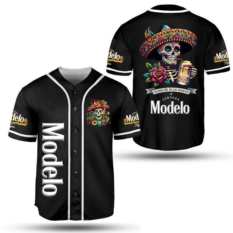 Buy All Black Skull Drinking Modelo Negra Mexican Beer Celebra Dia de los Muertos Baseball Jersey Drinking Mexican Spirit...
