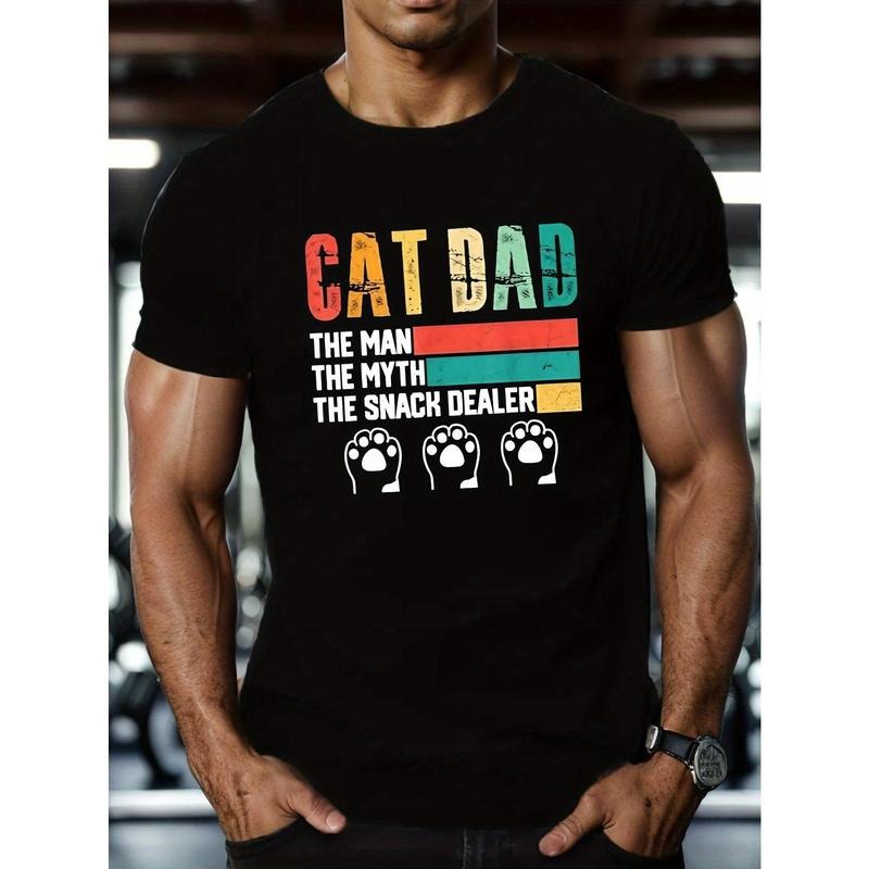 CAT DAD Graphic Tee - Men's Short Sleeve Casual T-Shirt, Crew Neck Summer Outdoor Daily Wear, Breathable Fabric,...