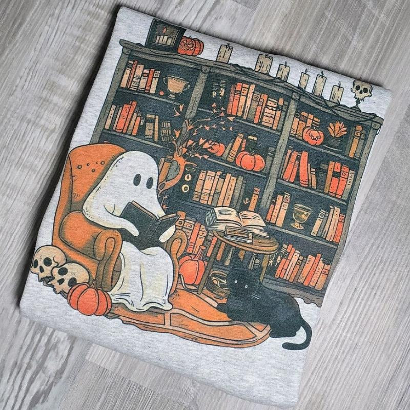 CAT Spooky Season Ghosty Books Design Sweatshirt with Halloween Icons and Ghosts Pattern T-Shirts, Hoodie | GrindPrints.com