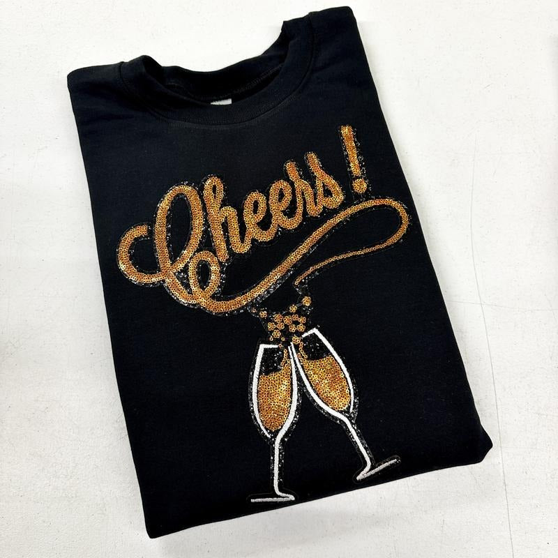 CHEERS! Champagne Sequin Patch Sweatshirt T-Shirts, Hoodie | GrindPrints.com