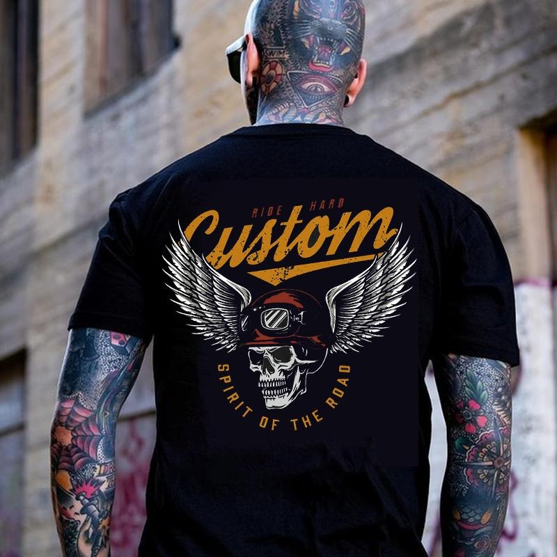 CUSTOM SPIRIT OF THE ROAD Skull with Winged Helmet Black Back Side Print T-shirt -  Sweatshirt