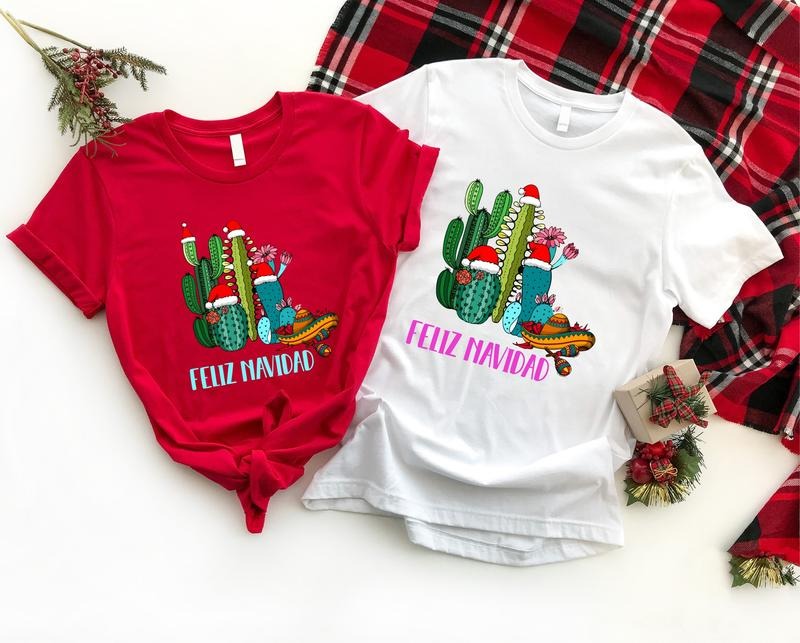 Cactus Feliz Navidad Shirt, Mexican Family Christmas Xmas T-shirt, Spanish Merry Christmas Tee, Unisex Holiday Outfit....