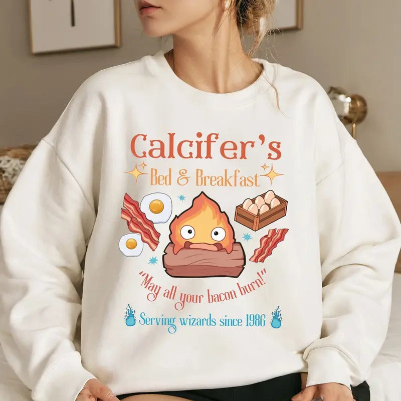 Calcifer'S Bed & Breakfast May All Your Bacon Burn Characters Anime Lovers Shirt Manga Shirt T-Shirts, Hoodie, Sweatshirt