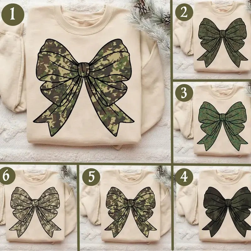 Camo Bow Bundle Coquette Bottomland Sweatshirt, Camouflage Bow Duck Hunting Retro Girl Cute Shirt Hoodie | GrindPrints.com