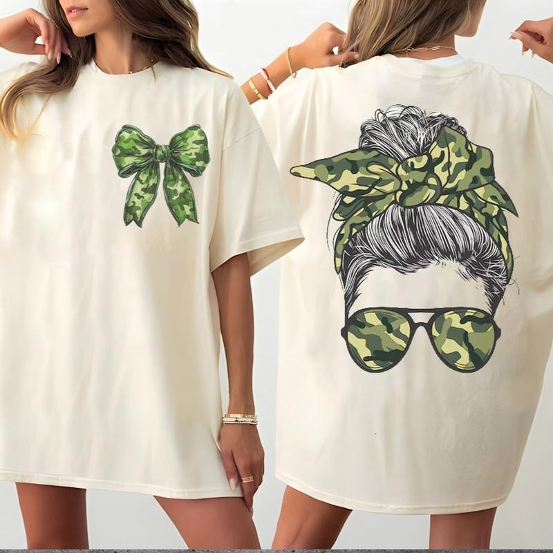 Camo Coquette Bow Messy Girl Bun 2 Sides Full Sizes Full Colors T-Shirts, Hoodie, Sweatshirt