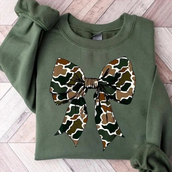 Camo Coquette Bow Sweater, Dove Season Shirt, Girls Camo Bow Shirt, Hunting Coquette Bow Sweatshirt, Cotton Round Neck...