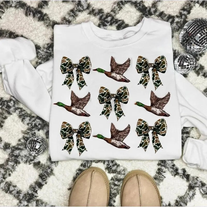 Camo Flying Ducks Bows Bundle Sweatshirt, Ducks Coquette Preppy Camo Bows Tee, Duck Hunting, Full Sizes, Full Colors...
