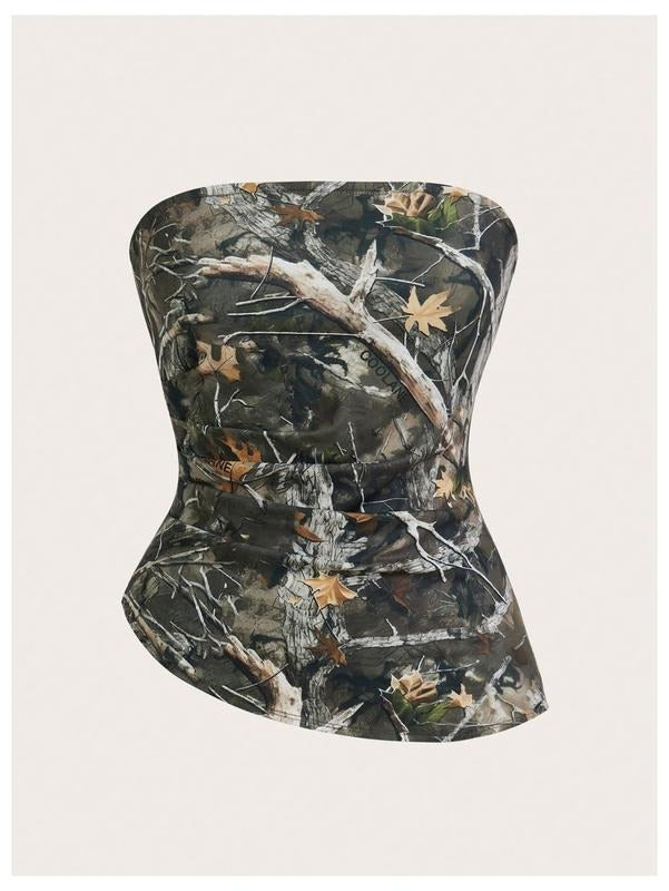 Camo Strapless Tube Top Sleeveless Ruched Asymmetrical Bandeau Top rave outfits T-Shirts, Hoodie, Sweatshirt