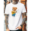 Casual Design Men's Cartoon Style Toy Bear Guitar Player Pattern Crew Neck Short Sleeve T-shirt, Chic And Stylish Tops...