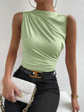 Casual Ruched Mock Neck Tank Top Sleeveless Slim Fit Work Shirt Tops Hoodie, Sweatshirt | GrindPrints.com