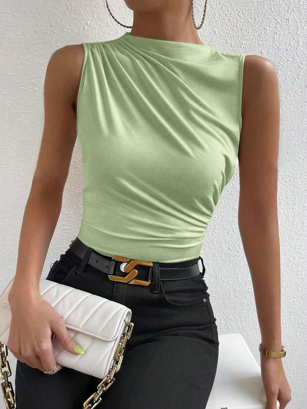 Casual Ruched Mock Neck Tank Top Sleeveless Slim Fit Work Shirt Tops Hoodie, Sweatshirt | GrindPrints.com