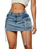 Casual Street Low Waist Tape Denim Cargo Mini Skirt with Flap Pocket T-Shirts, Hoodie, Sweatshirt | GrindPrints.com