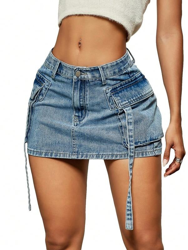 Casual Street Low Waist Tape Denim Cargo Mini Skirt with Flap Pocket T-Shirts, Hoodie, Sweatshirt | GrindPrints.com