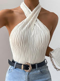 Casual Textured Criss Cross Keyhole Sleeveless Halter TopsY2K T-Shirts, Hoodie, Sweatshirt | GrindPrints.com