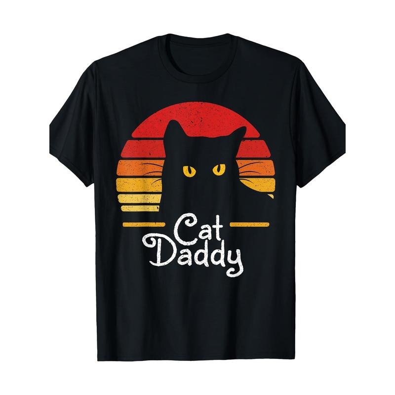 Cat Dad Vintage 70s & 80s Black Cat Graphic Tee - Soft Cotton, Short Sleeve, Crew Neck T-Shirt for Men Made in USA...