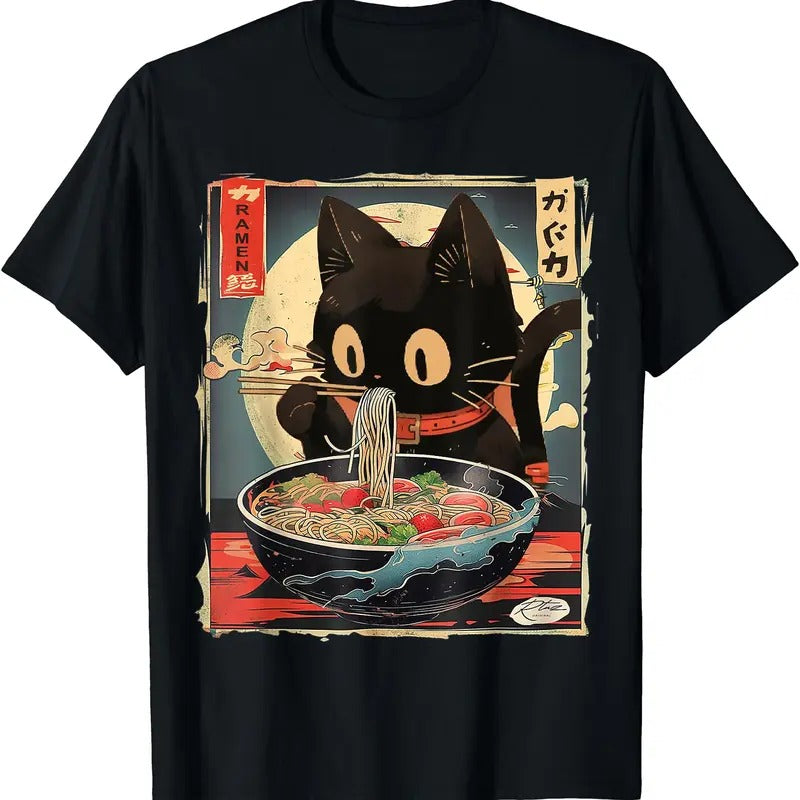 Cat Eating Ramen Noodles Anime & Cotton T-Shirts, Hoodie, Sweatshirt