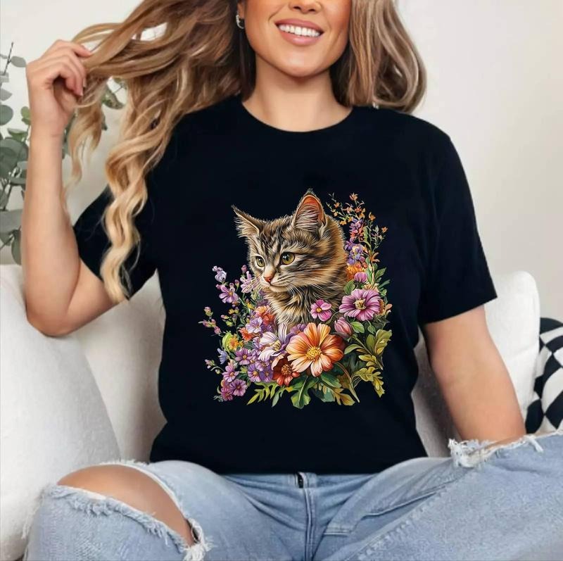 Cat Flower Floral Cute Kitten Cotton 100% Top Womenswear T-Shirts, Hoodie, Sweatshirt